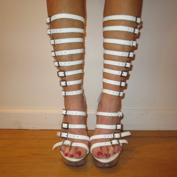 NIB Custom Made Leg Strapped White Leather High Heel Platform Sandals - Picture 2 of 15